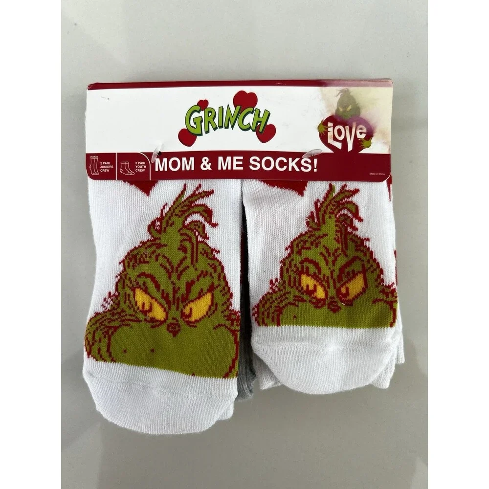 4 Pairs Grinch Christmas Socks Mom & Me Fit Women’s Shoe 5-10 & Youth Shoe 10-4